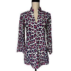 Jude Connally Chris Leopard Navy/Berry Tunic Top Stretch Blouse Size S $168 NWT